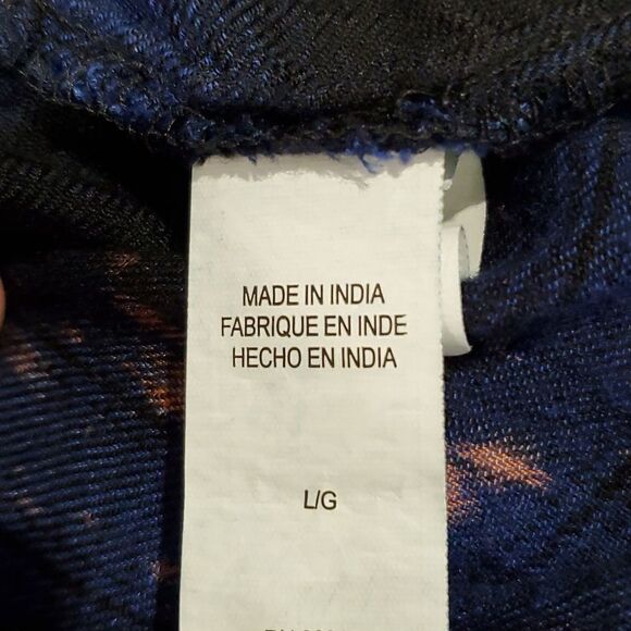 Lucky Sz L Blue Black Plaid Upcycled Drip Bleached 3/4 Button Blouse Very Soft! - Picture 8 of 9